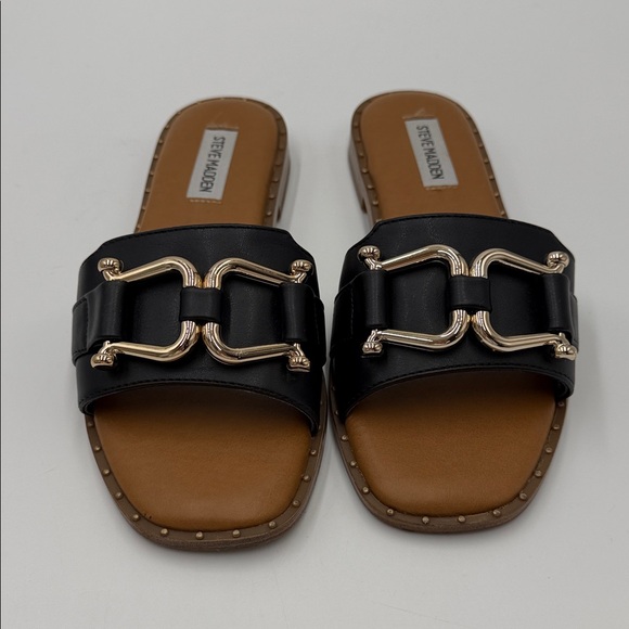 Steve Madden Alita Black and Gold Slide Sandals - Picture 2 of 7